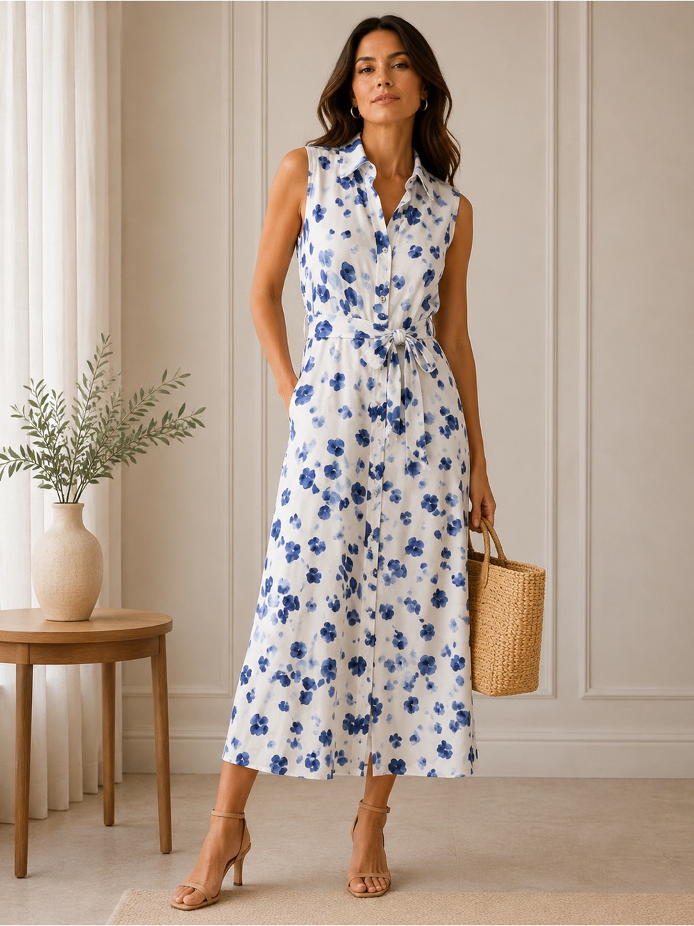Dkny White Midi Shirt Dress with Blue Floral Print
